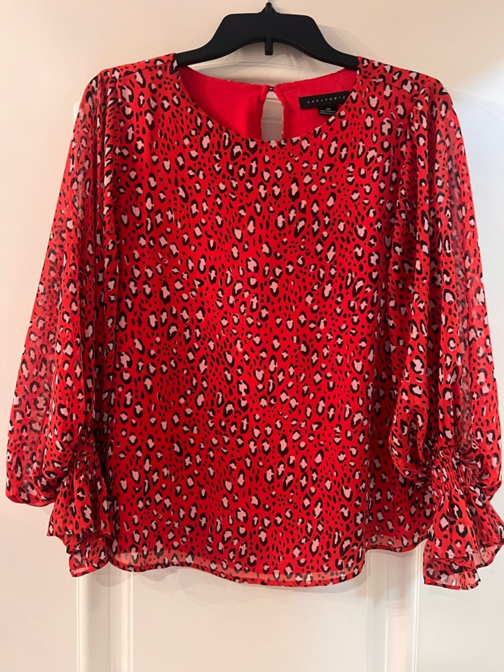 Sanctuary Red Leopard-Print Puff Sleeve Blouse